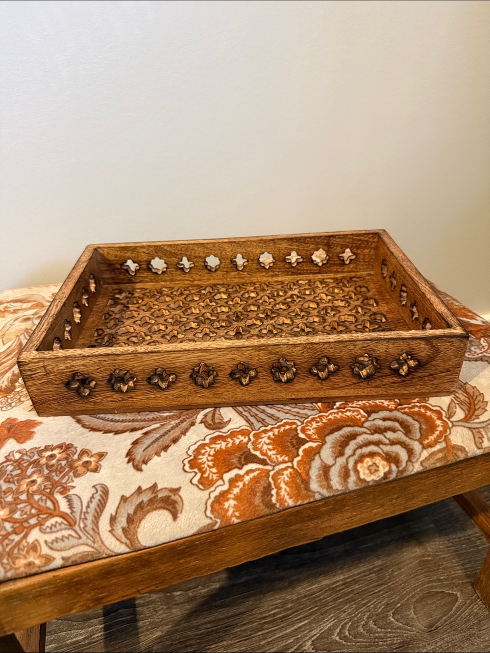 Hand Carved Wood Tray Made In India Pierced Lattice Catchall Vanity Boho